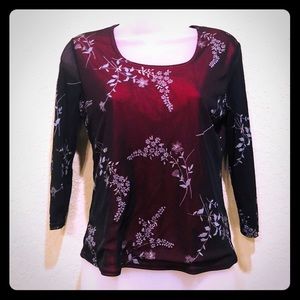 {90s}Burgundy mesh floral 3/4 sleeve crop top